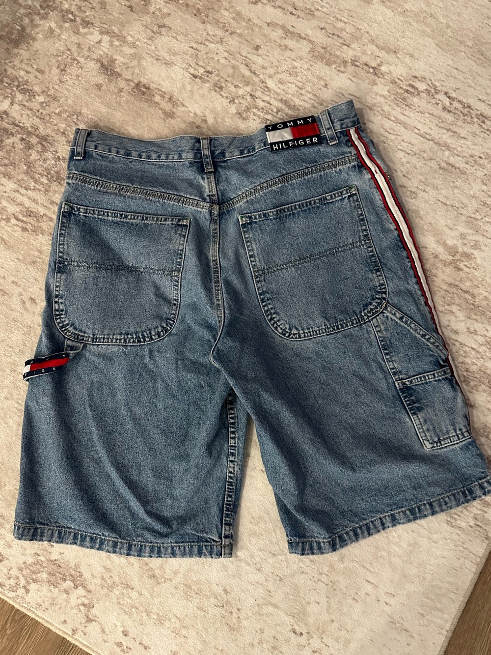 Vintage Tommy Hilfiger Blue Denim Shorts with Red-White-Navy Stripe - Picture 2 of 5
